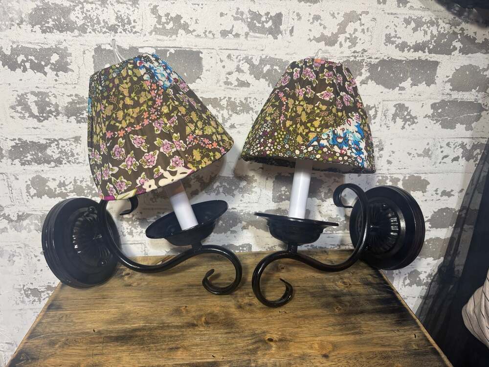 VTG set of 2 Cottagecore wall sconces w/black candelabra with floral shades